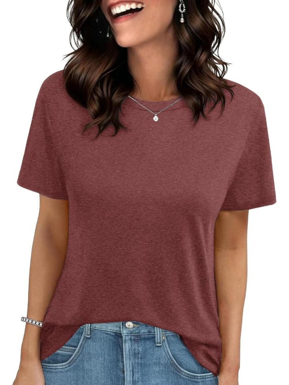Women's Wine Red Short Sleeve Basic Tees Beach Imported Clothes Tops T Shirts